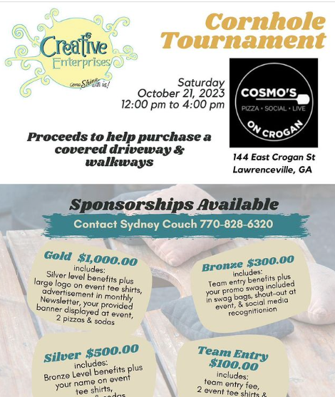 A flyer for a cornhole tournament sponsored by creative enterprise