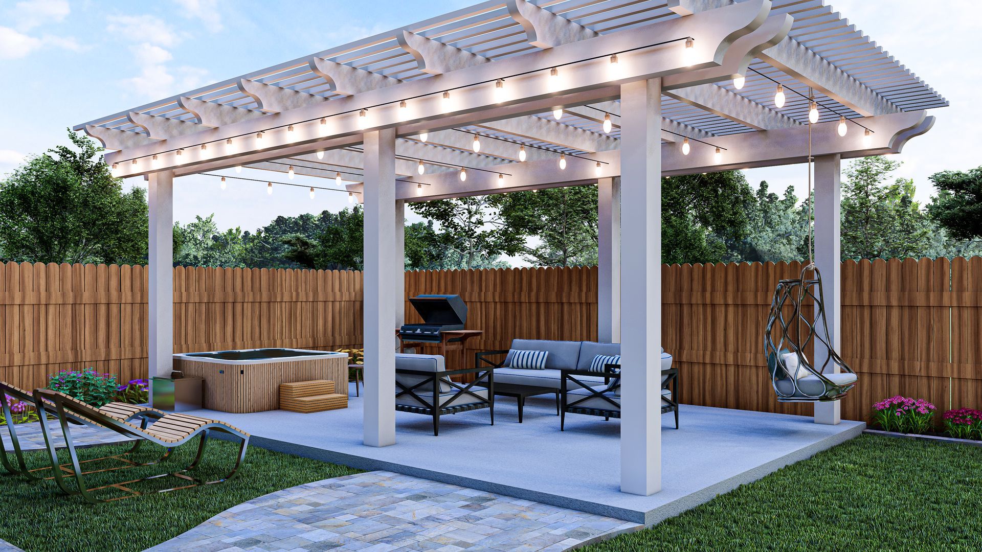 There is a pergola with lights on it in the backyard.