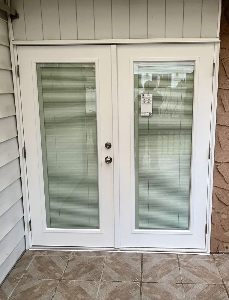 White French doors with blinds.