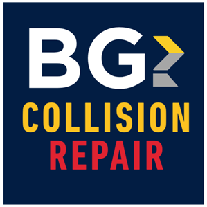 Logo for BG Collision Repair featuring white text, a yellow and grey arrow icon, and red text on a dark blue background.