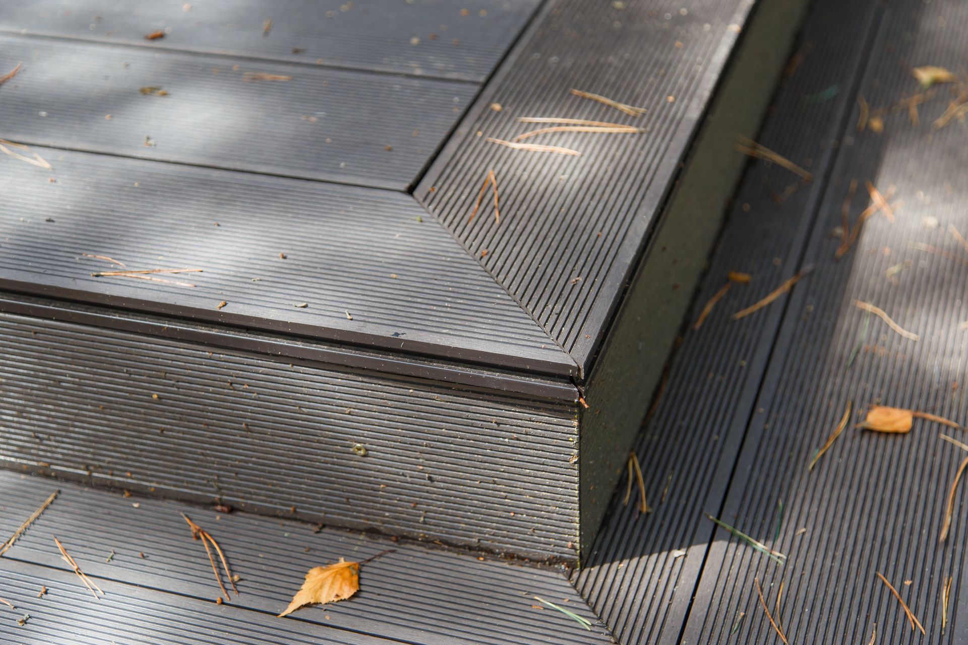 Close-up of dark metal steps and deck with scattered autumn leaves