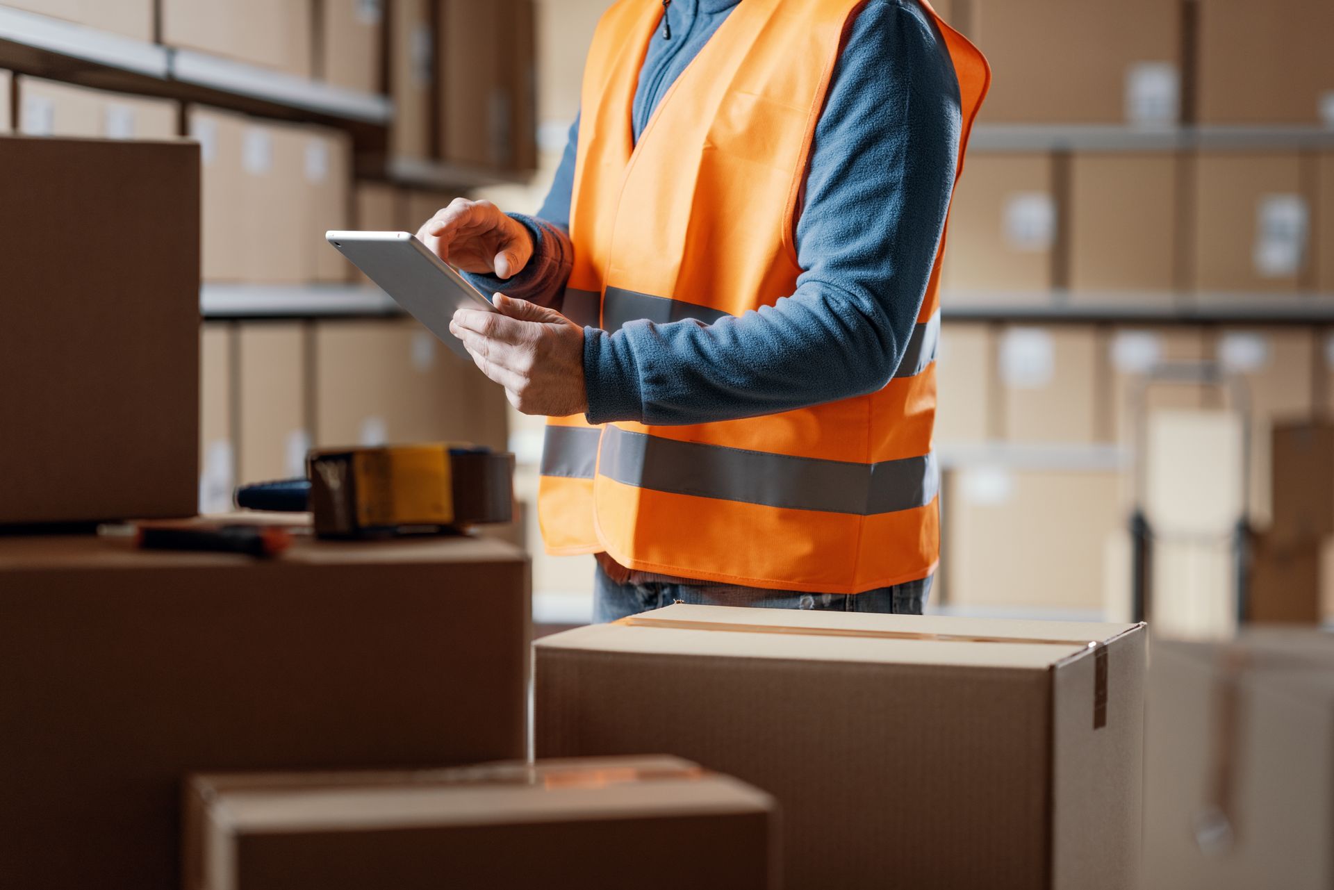 Person in orange vest using tablet in a warehouse, boxes on shelves.