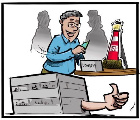 A cartoon of a man giving a thumbs up in front of a lighthouse.