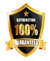 Gold and black shield with Satisfaction 100% Guaranteed text and a star.