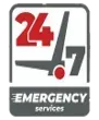 Red 24/7 clock icon with emergency services text below, indicating around-the-clock availability.