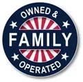 Round emblem: Owned & Family Operated text with red and white striped center. Blue and white colors.