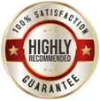 Metallic emblem stating Highly Recommended with 100% Satisfaction Guarantee and two stars.