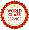 Red and gold badge reads WORLD CLASS SERVICE with three gold stars.