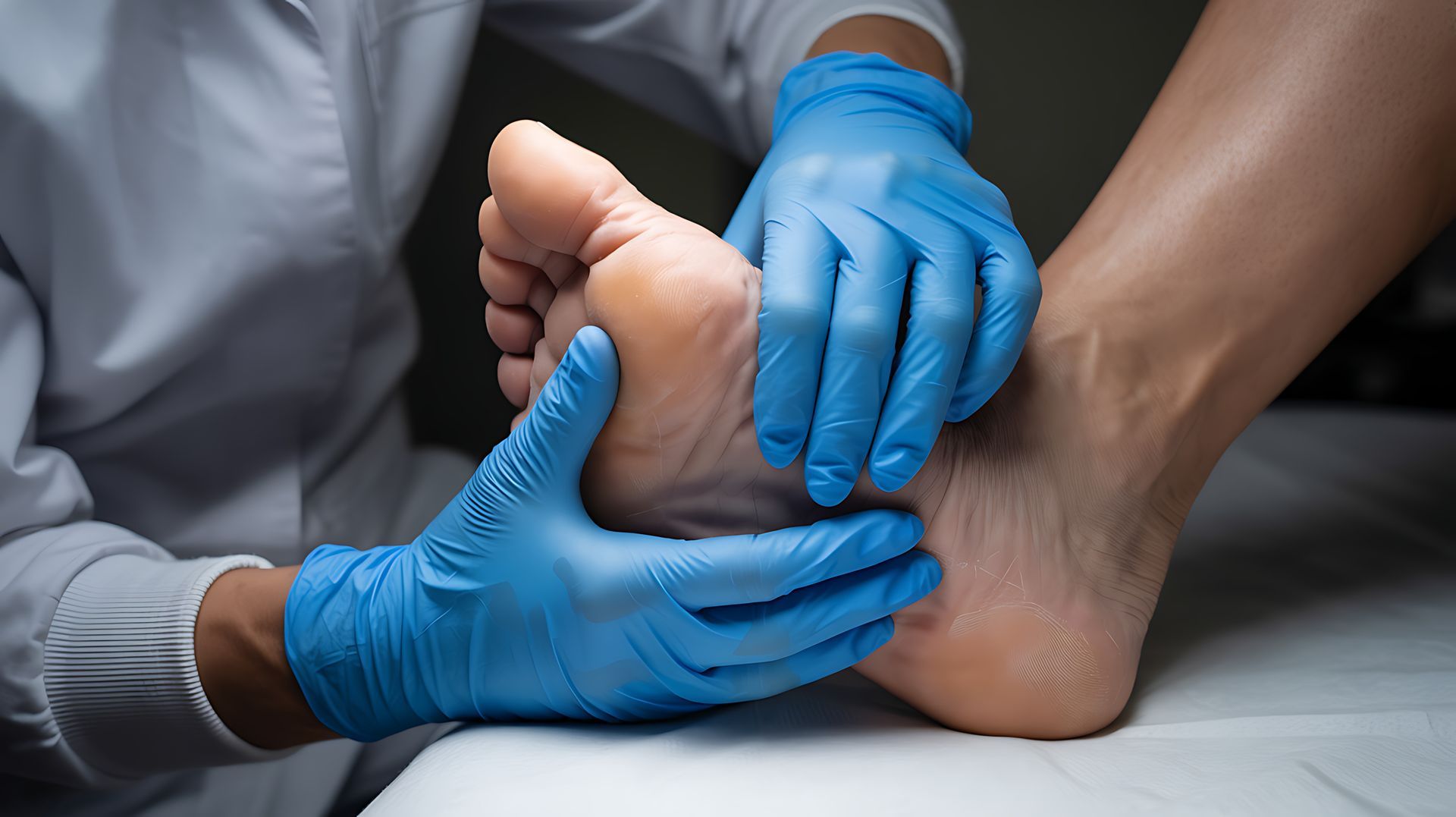 A podiatrist examining and treating a patient’s foot in a clinic.