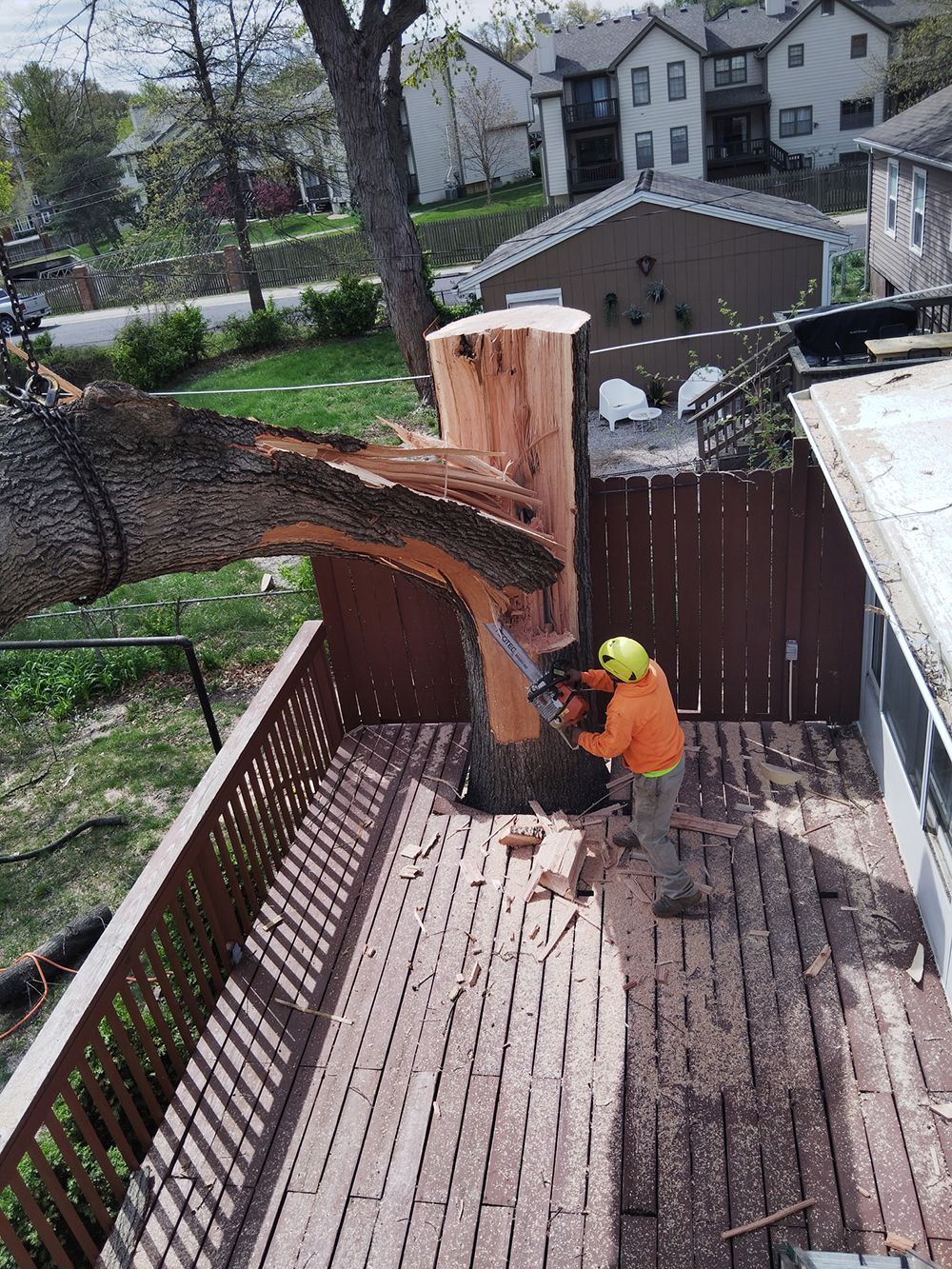 A worker in an orange jacket and yellow hard hat uses a chainsaw to cut a large tree trunk on a wooden backyard deck.