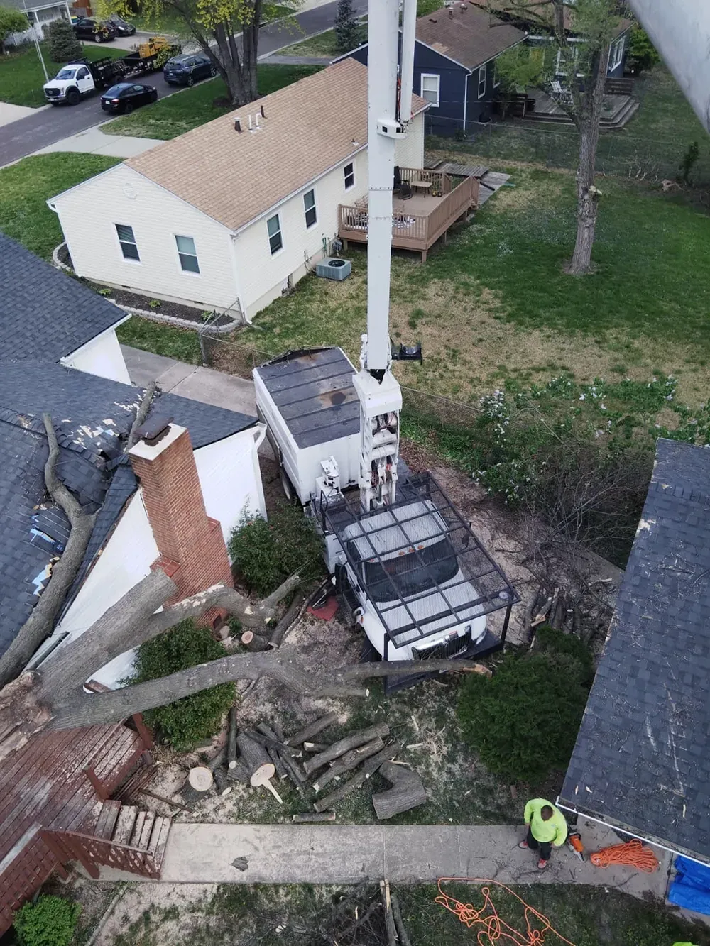 An elevated view of a tree removal crew using a bucket truck to cut branches from a tree next to a house.