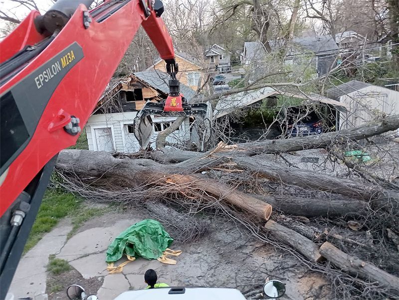 A crane is lifting a large tree in front of a house.