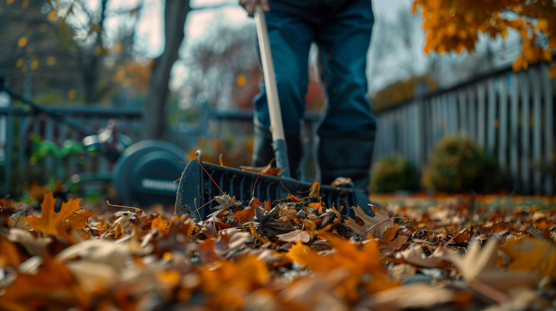 A man is raking leaves in a yard with a rake.