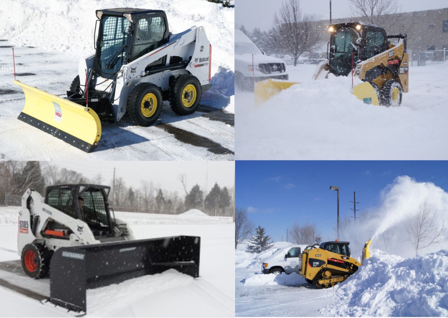 A collage of four pictures of snow plows and snow blowers