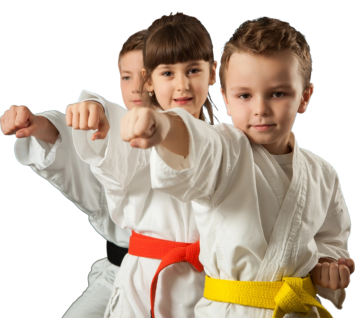 a boy and two girls are wearing karate uniforms and pointing at the camera