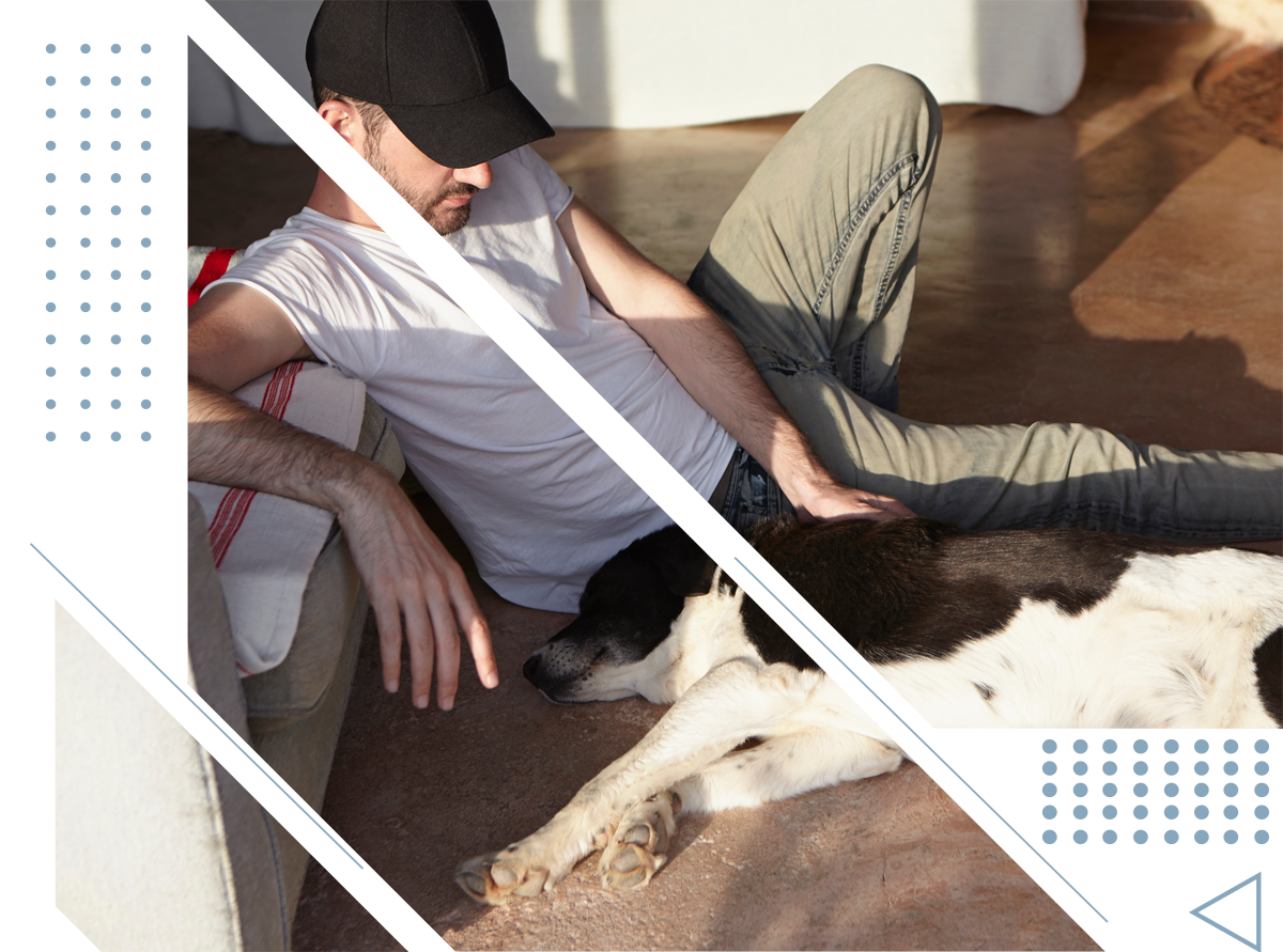 a man laying on a couch with a dog on the floor