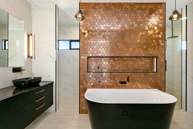 Bathroom with beautiful wall and bath tub — Cabinetry in Cairns, QLD