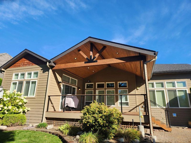 patio cover project, front, with railing and deck