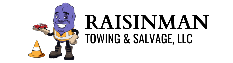 Logo for Raisinman Towing & Salvage, LLC: Cartoon raisin-man holding a car, with an orange cone.
