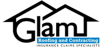 Logo for Glam Roofing and Contracting featuring a house outline above the name and "INSURANCE CLAIMS SPECIALISTS" text.