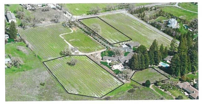 Aerial view of a vineyard with a large house and a swimming pool; outlined fields with green crops.