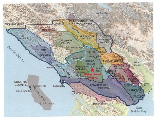 Map of Sonoma County, California, with shaded regions representing different wine appellations.