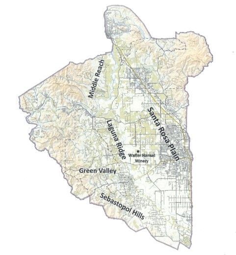 Map of Sonoma County, California, showing geographical features like Santa Rosa Plain and Sebastopol Hills.