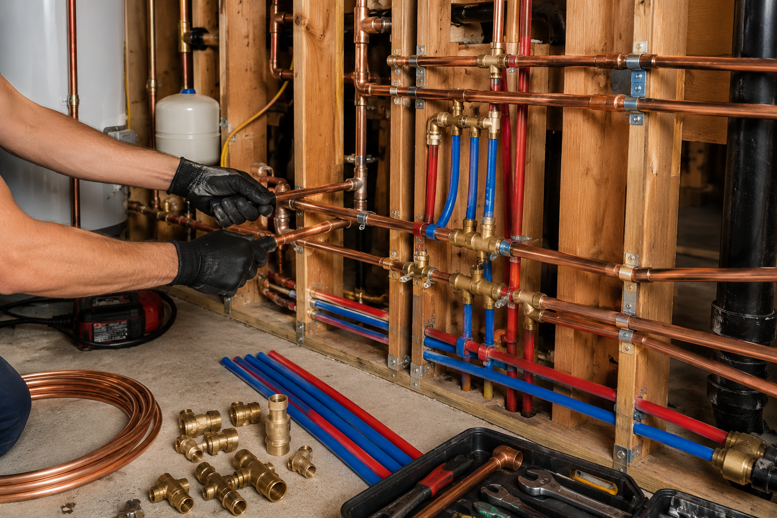 Utility room with exposed copper pipes, meters, and storage shelves behind glass