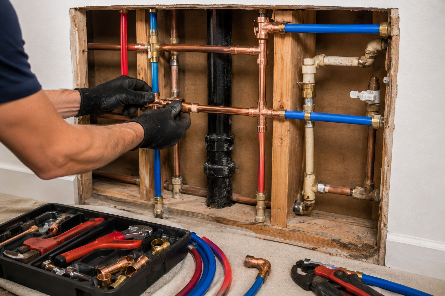 Unfinished interior wall framing with exposed wooden studs, copper pipes, and HVAC ducting in a renovation space
