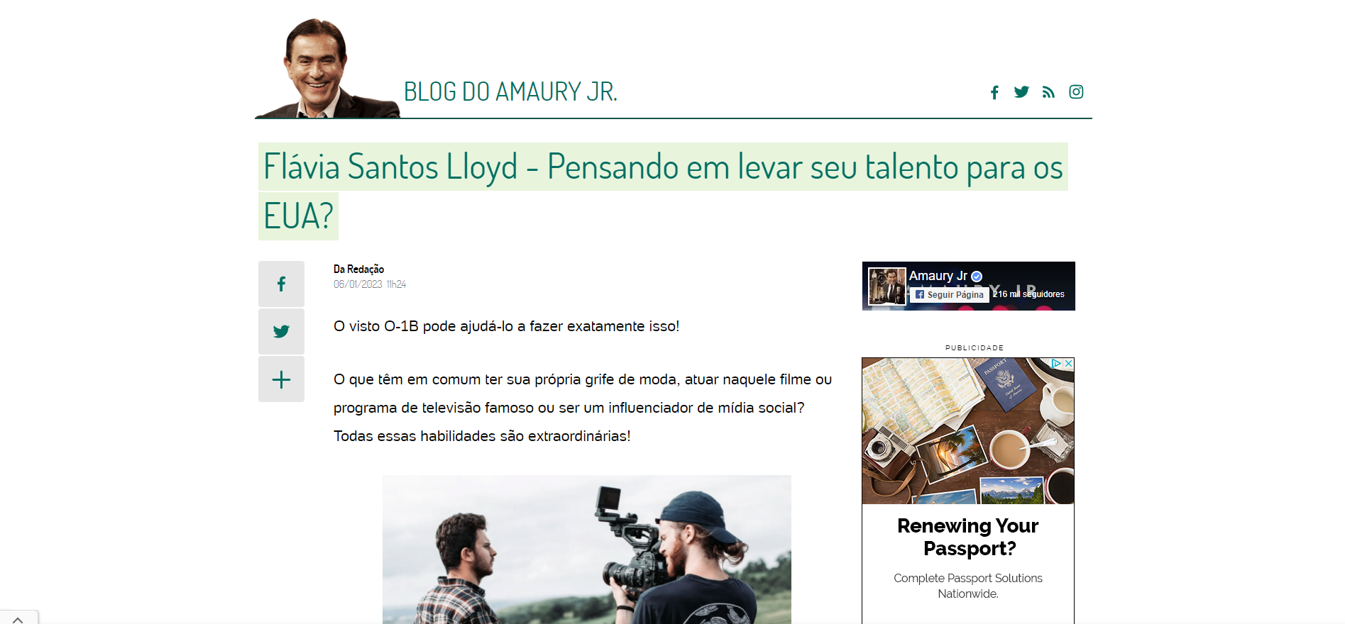 Webpage with a headline about Flávia Santos Lloyd, featuring a professional portrait and a person filming with a camera.