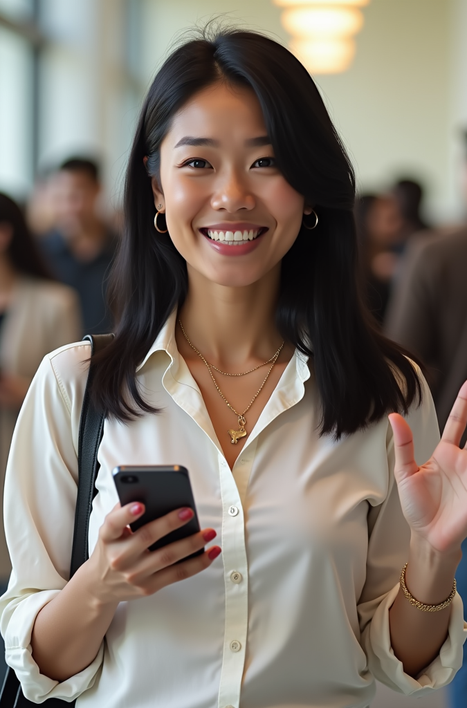 A woman in a white shirt is holding a cell phone and smiling.