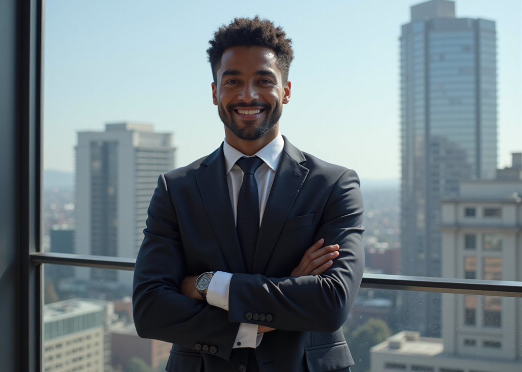 A man in a suit and tie is standing in front of a window with his arms crossed.