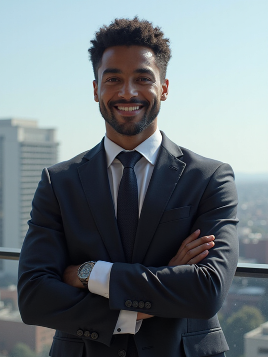 Man smiling, using laptop at a table near a window. Cup and phone visible. Background has shelves and soft lighting.