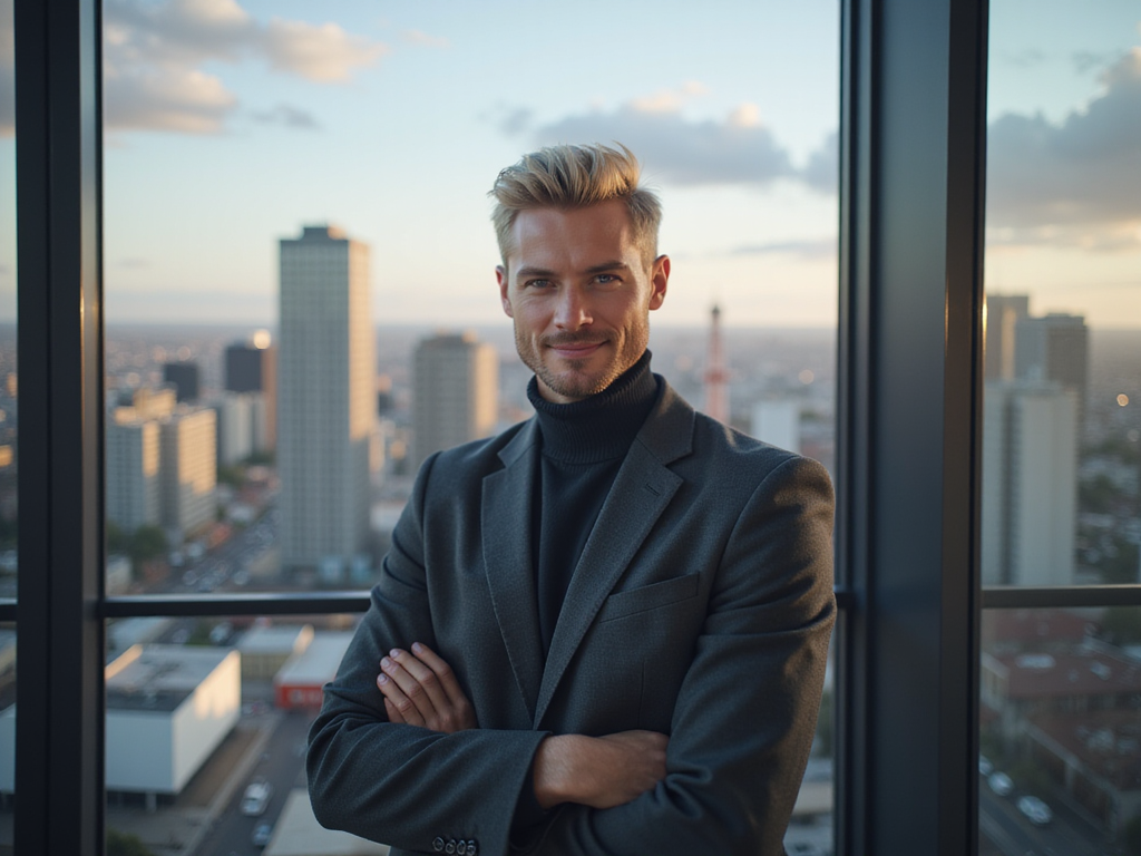 A man in a suit and turtleneck is standing in front of a window with his arms crossed.