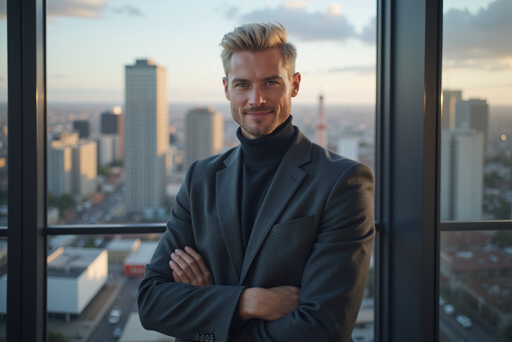 A man in a suit and turtleneck is standing in front of a window with his arms crossed.