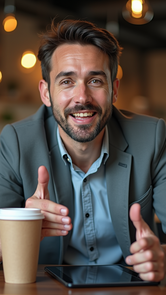 A man is sitting at a table with a cup of coffee and a tablet and giving a thumbs up.
