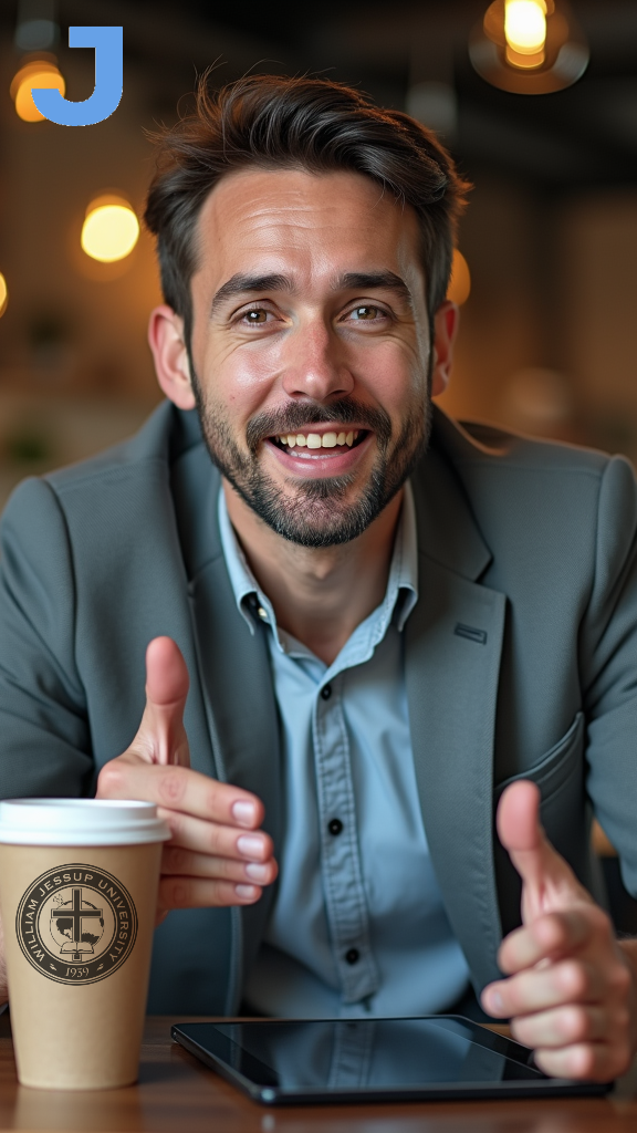 A man in a suit is sitting at a table with a cup of coffee and a tablet.
