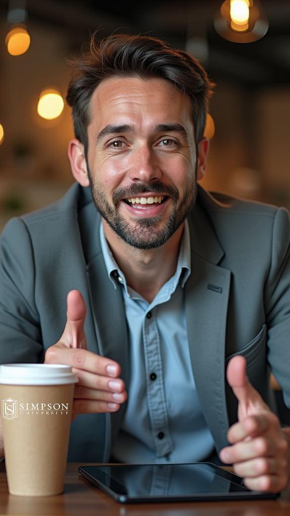 A man in a suit is sitting at a table with a cup of coffee and a tablet.