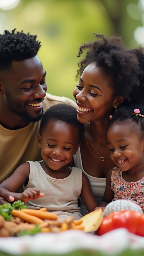 A family is having a picnic in the park and smiling.