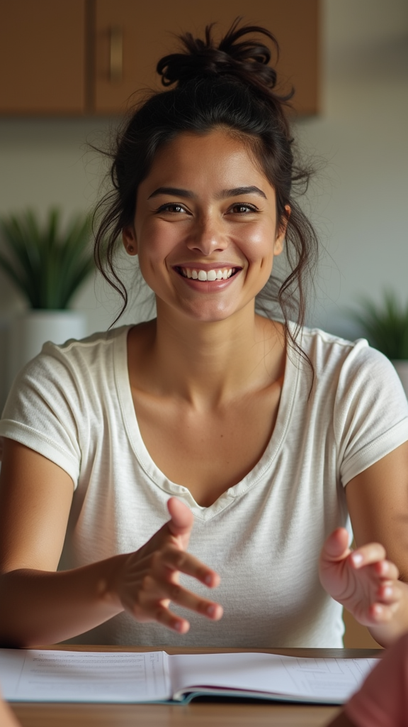 A woman is smiling while sitting at a table with a book.