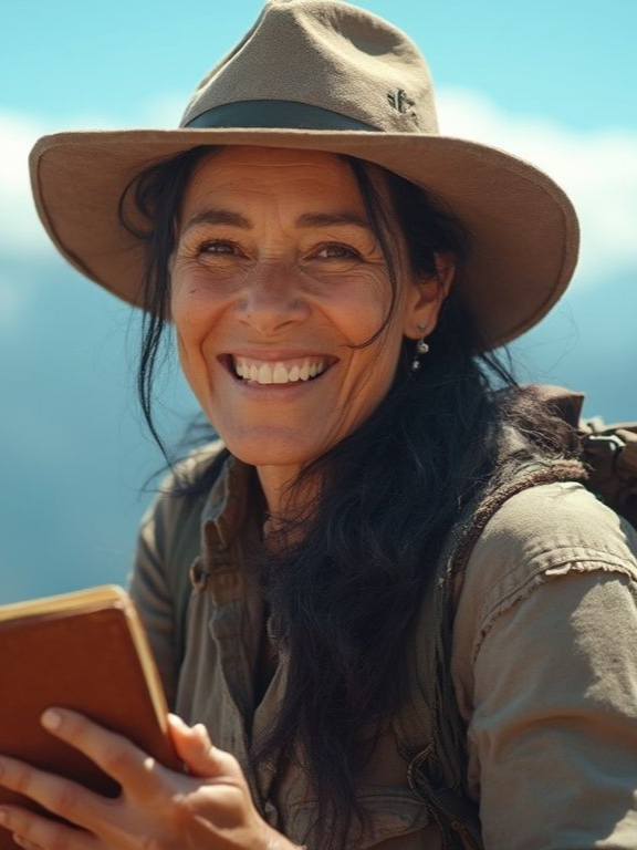 Smiling man in a suit jacket holding a tablet in a bright room with people in the background.