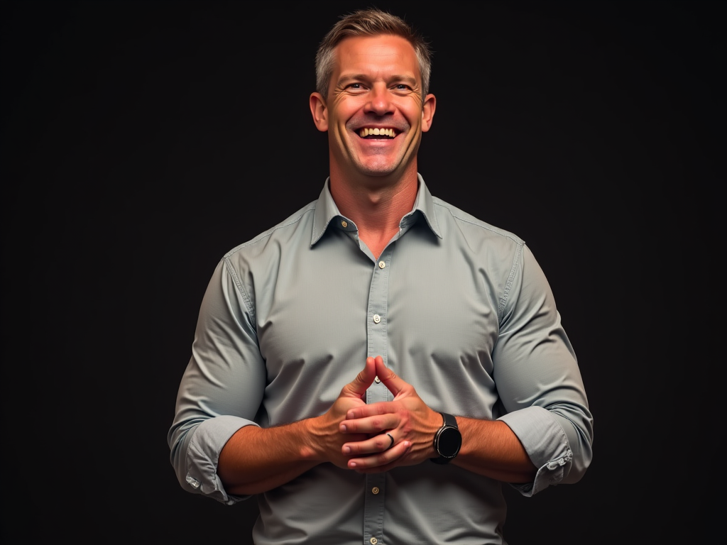 A man in a grey shirt is smiling with his hands folded.