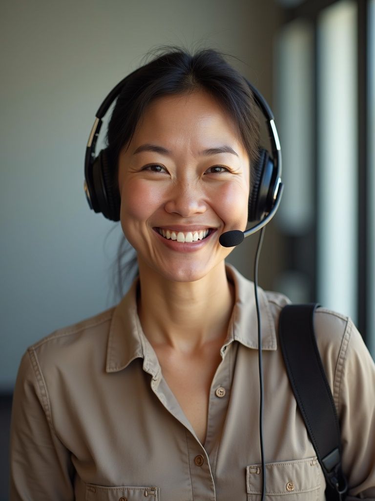 Woman wearing headset, smiling. Tan shirt, black backpack strap. Window in background.