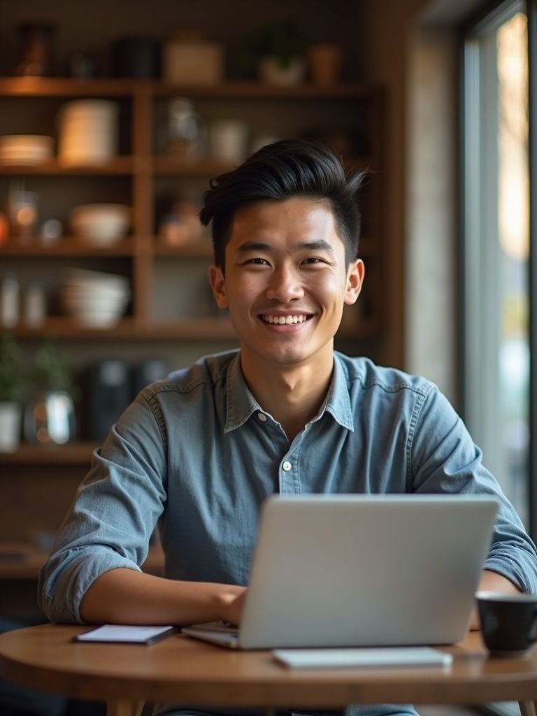 Man smiling, using laptop at a table near a window. Cup and phone visible. Background has shelves and soft lighting.
