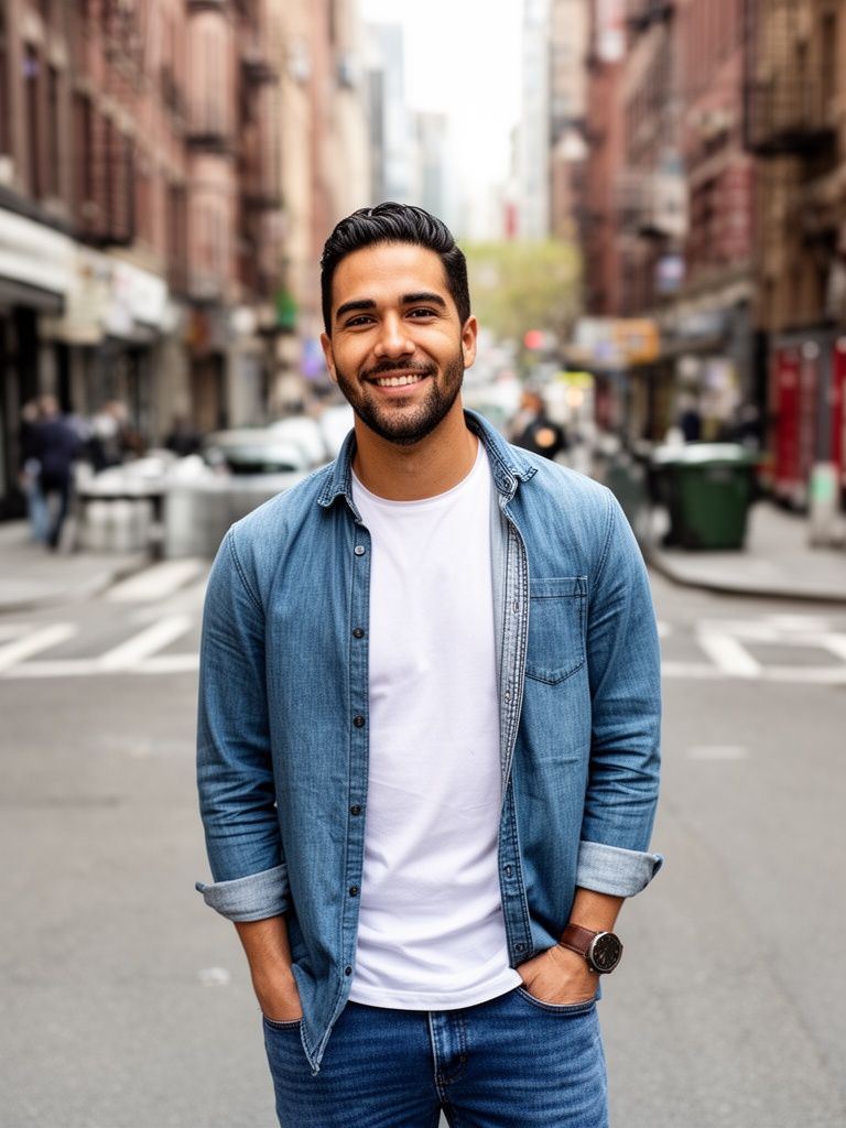 Man smiling, using laptop at a table near a window. Cup and phone visible. Background has shelves and soft lighting.