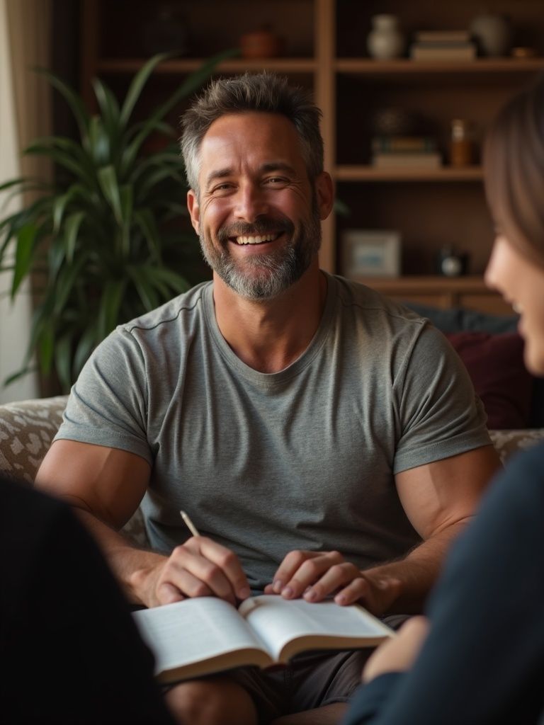 Man smiles, sitting with others, holding a pen over an open book, indoors.
