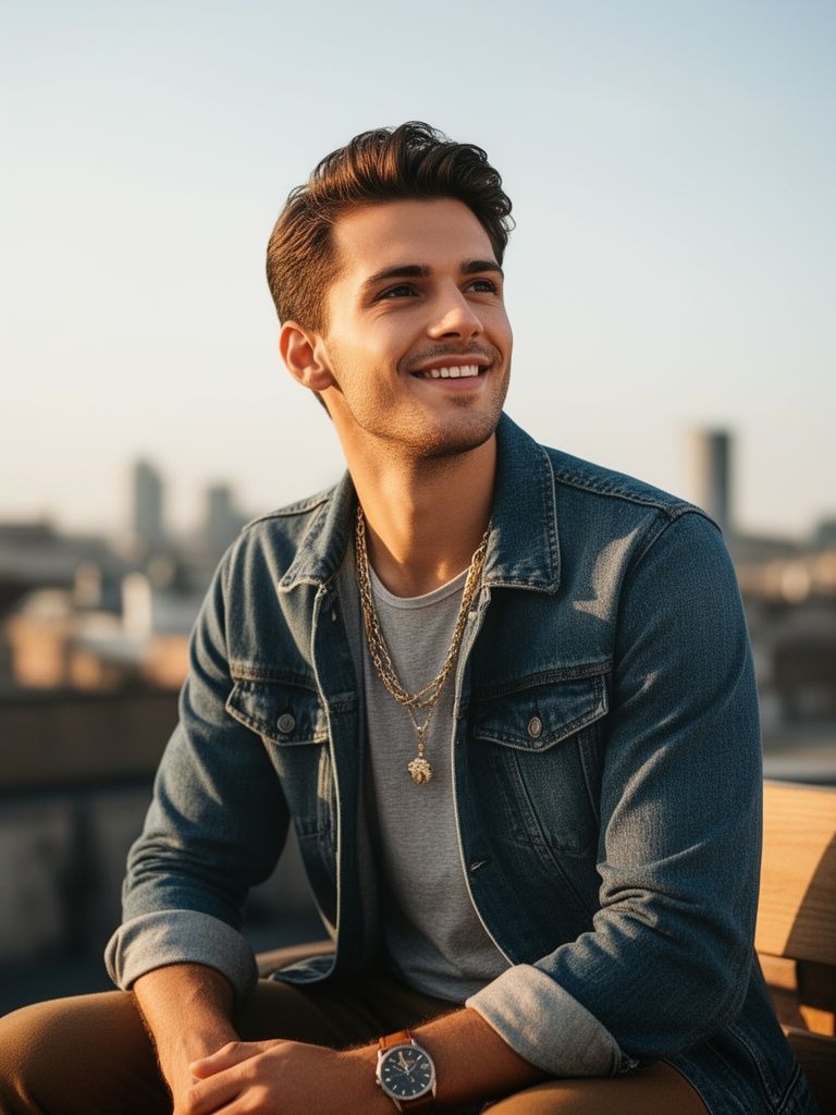 Smiling man in a suit jacket holding a tablet in a bright room with people in the background.