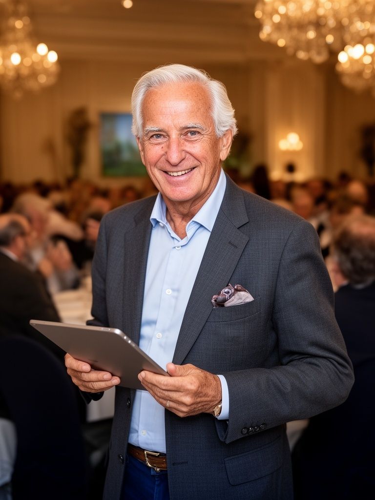 Smiling man in a suit jacket holding a tablet in a bright room with people in the background.