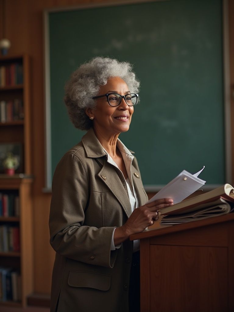 Teacher at lectern, holding papers, smiling in a classroom.