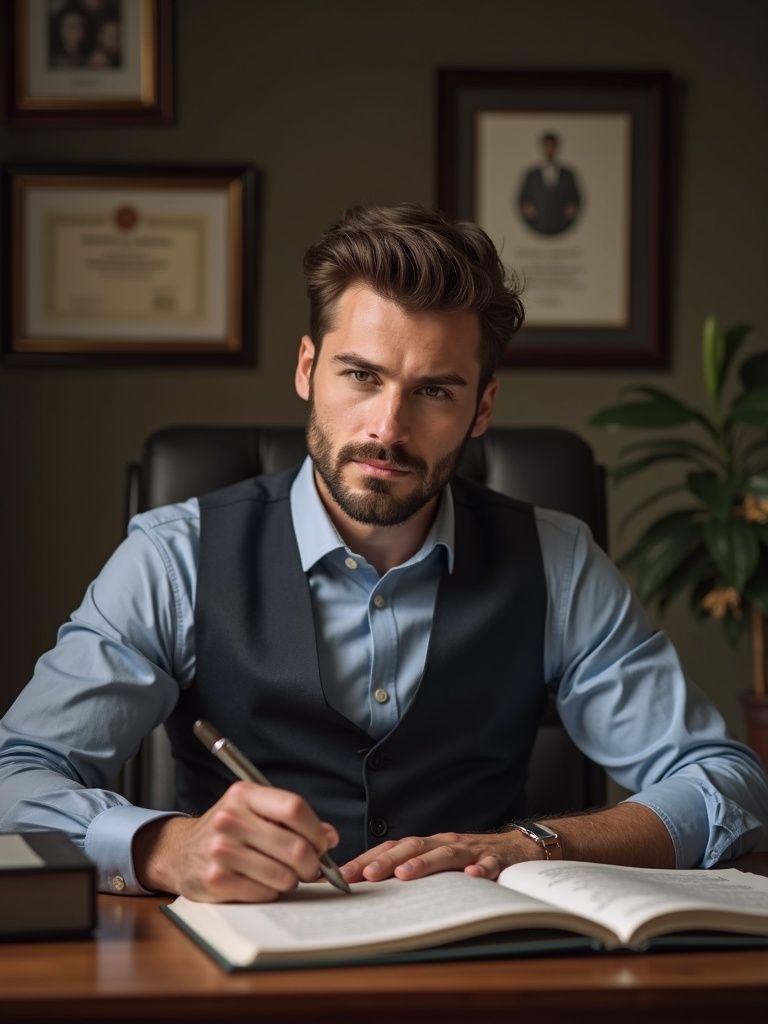 Man smiling, using laptop at a table near a window. Cup and phone visible. Background has shelves and soft lighting.